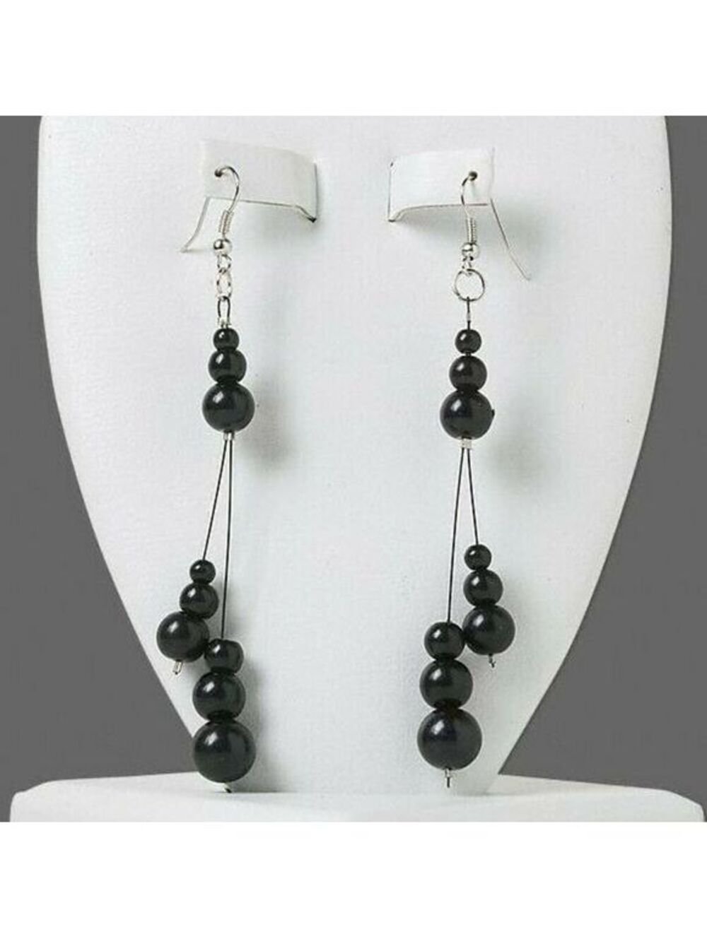 Handmade Black Graduated Glass Pearl Triple Dangle 4" Long Dangle Earrings